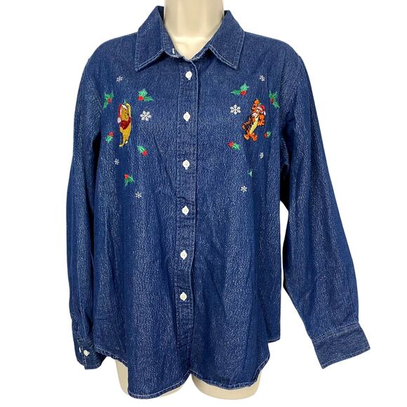 Disney Tops - Christmas Top Womens XL Disney Winnie the Pooh Tigger Denim Metallic Blue Disney
